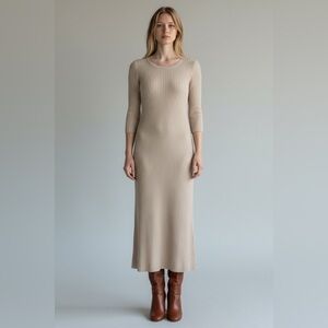 NWOT 525 America Tan Soft Ribbed Knit Midi Sweater Dress Size Large Stretch